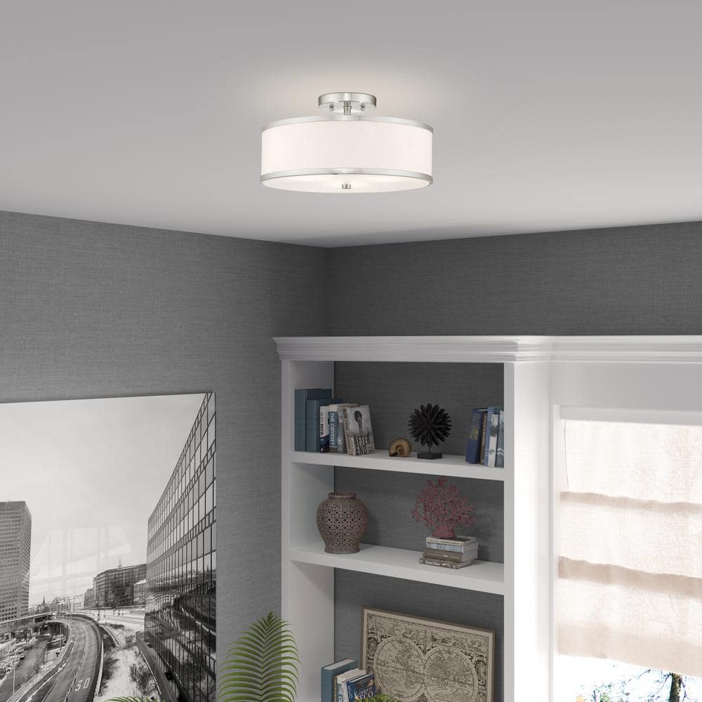 Brushed Nickel 3-Light Drum Ceiling Mount with White Hardback Shade