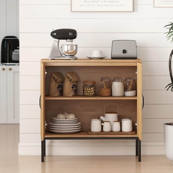 Natural Rattan Storage Cabinet w/ 2-Door Buffet Sideboard and 3-Position Adjustable Shelf
