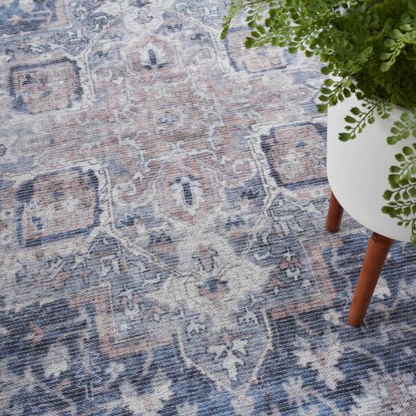 Unbranded - Machine Washable Series 1 Ivory Navy 6 ft. x 9 ft. Distressed Traditional Area Rug