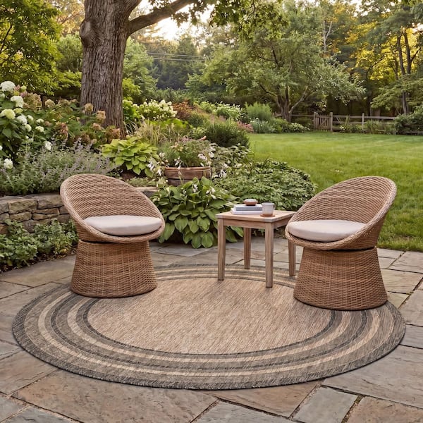 Courtyard Natural/Black 9 ft. x 9 ft. Solid Striped Indoor/Outdoor Patio  Round Area Rug