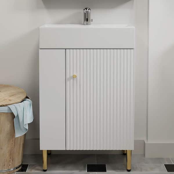 22 in. W x 13 in. D x 34 in. H Left Side Storage Bathroom Vanity in White with Golden Handle and White Ceramic Sink Top