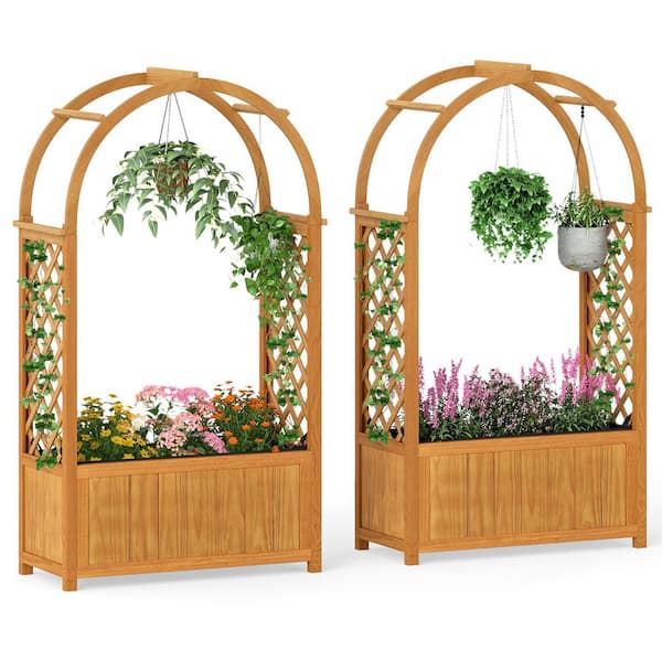 2PCS Wooden Raised Garden Bed w/ Lattice Trellis Arched Roof Liner Drainage Orange