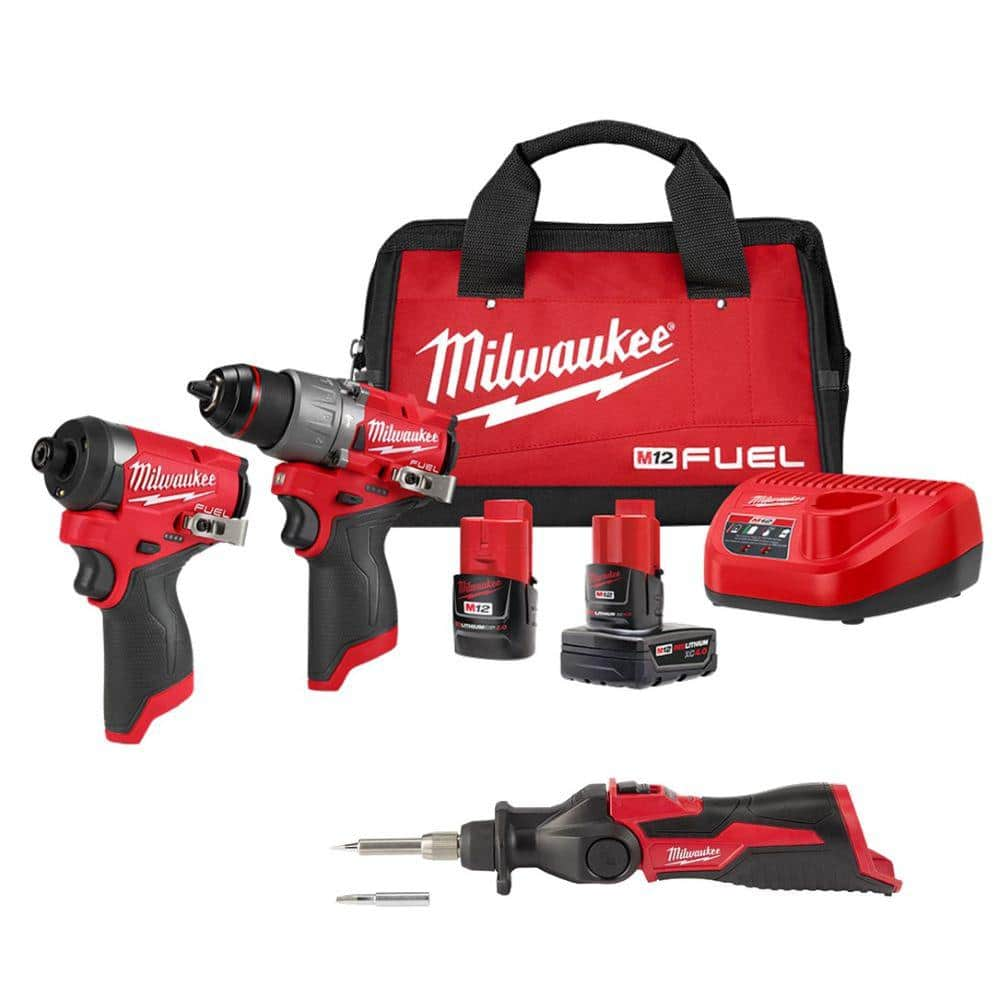 M12 FUEL 12-Volt Li-Ion Brushless Cordless Hammer Drill and Impact Driver Combo Kit (2-Tool) with M12 Soldering Iron -  Milwaukee, 3497-22-2488