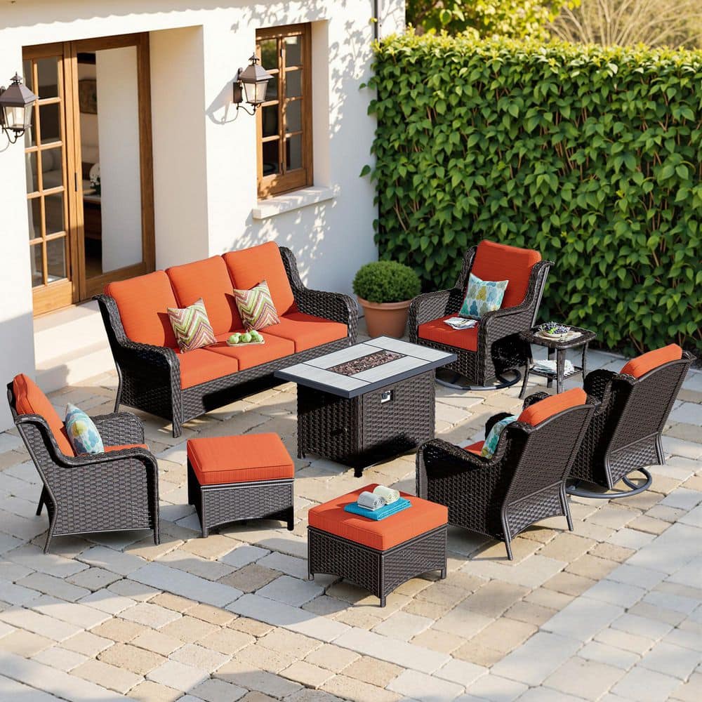 OVIOS Joyoung Brown 9-Piece Wicker Patio Rectangle Fire Pit