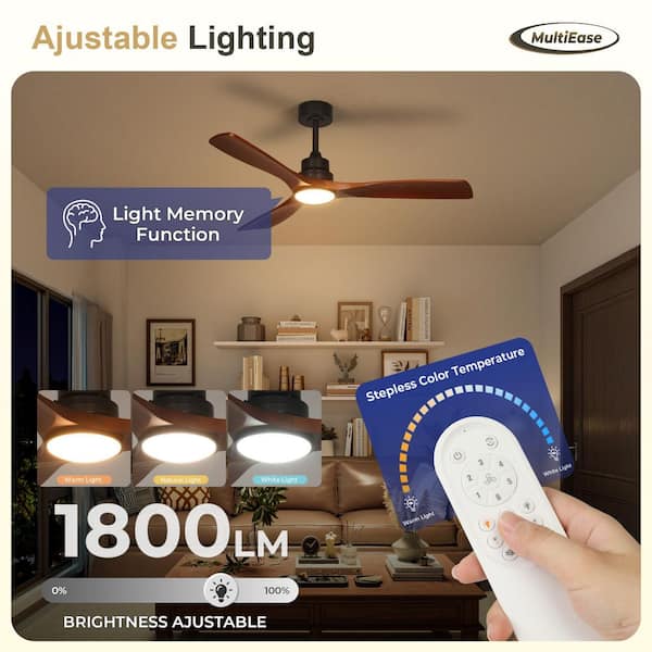 52 in. Indoor Color Changing Solid Wood Downrod Mount Black Matte Ceiling Fan with Light Kit and Remote Control