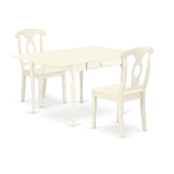 East West Furniture 3-Piece Linen White Finish Solid Wood Top with Dropleaf Dining Table Set