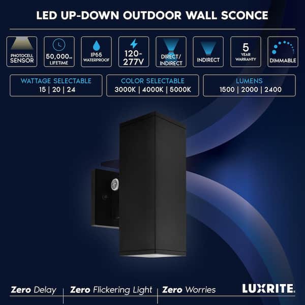 10 in. Black Dusk to Dawn LED Outdoor Hardwired Wall Lantern Sconce 3CCT 15/20/24-Watt Dimmable IP65 ETL