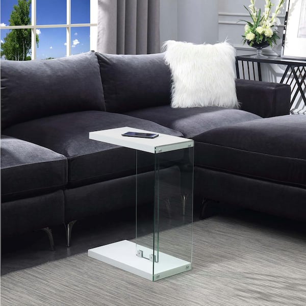 SoHo 10 in. White 24 in. C-Shape Particle Board End Table with Tempered Glass