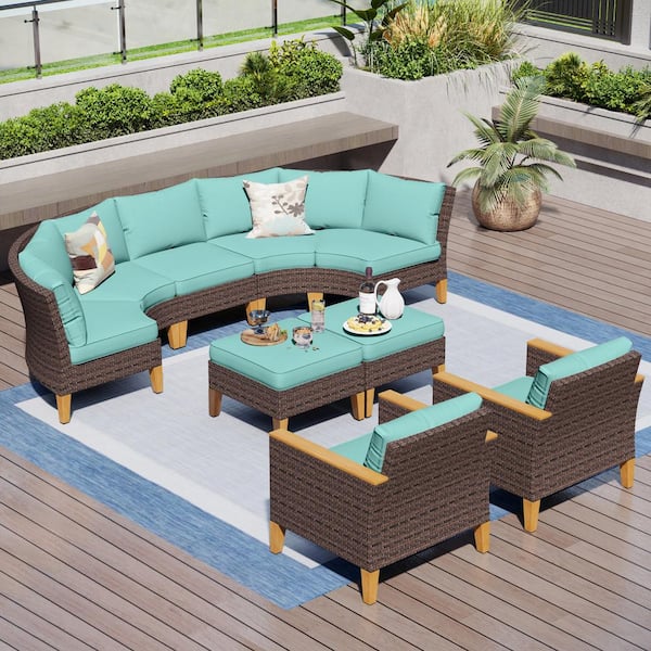 PHI VILLA Brown Rattan Wicker 9 Seat 9-Piece Steel Outdoor Patio Conversation Set with Blue Cushions