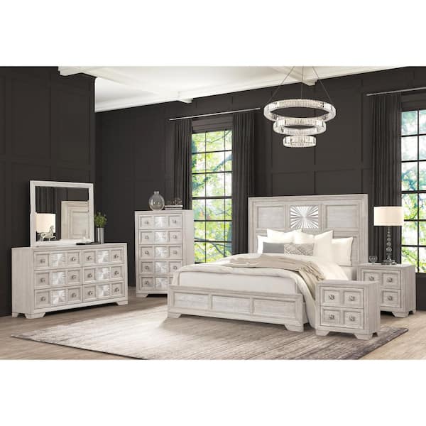 Artello 6-Piece Light Gray Wood Frame King Panel Bedroom Set with Sunburst Pattern, Zinc Alloy Hardware, Bracketed Feet