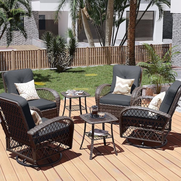 6-Piece Brown Wicker 360° Patio Conversation Outdoor Rocking Chair Set with Dark Gray Cushions