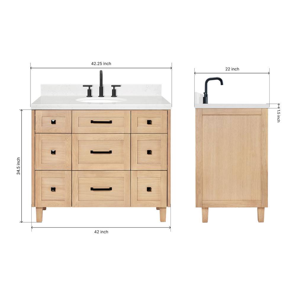 Monroe 42" Light Oak Single Sink Vanity with Carrara Quartz Top