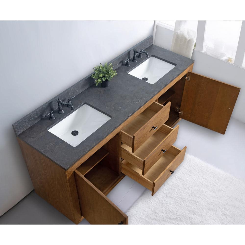72" Tan and Black Limestone Double Sink Bathroom Vanity
