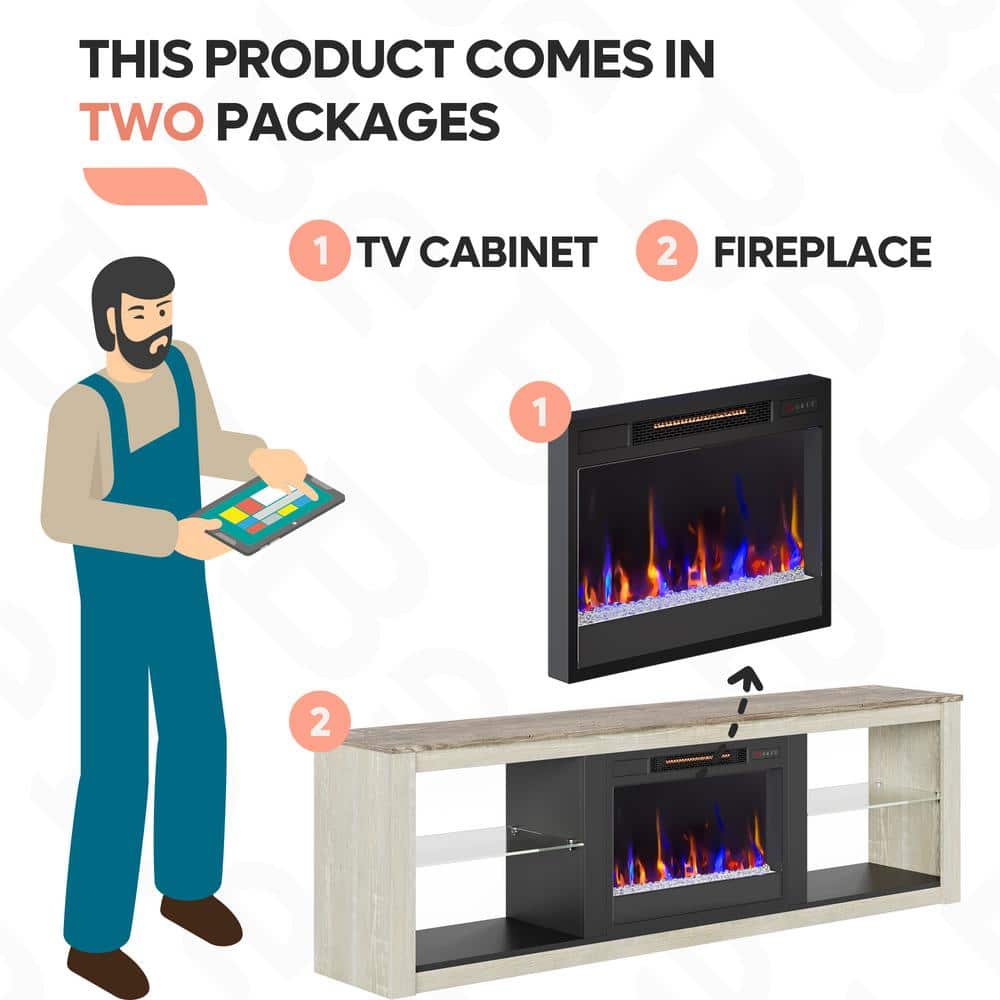 Light Grey Modern TV Stand with Electric Fireplace and LED Lights