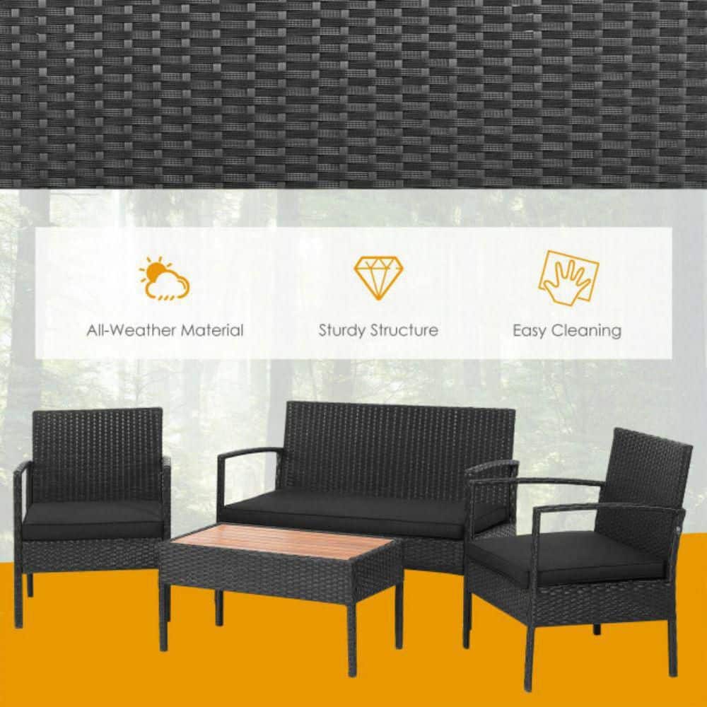 Black 4-Piece Rattan Patio Furniture Set with Acacia Wood Tabletop