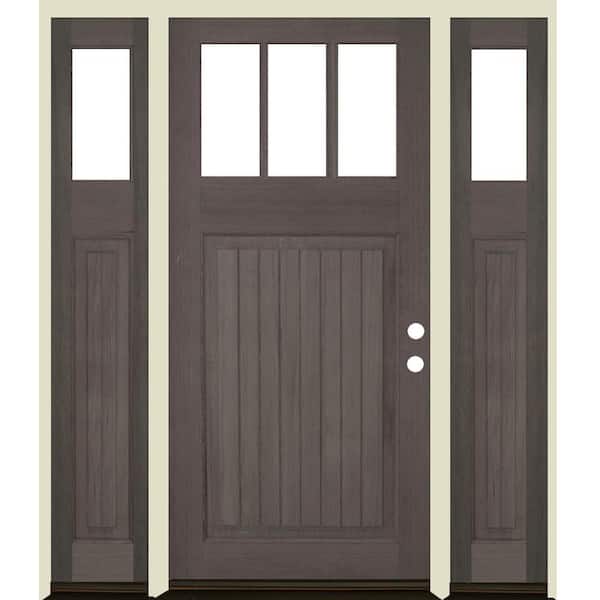 Krosswood Doors 64 in. x 80 in. Craftsman V Groove LH 1/4 Lite Clear Glass Grey Stain Douglas Fir Prehung Front Door with DSL