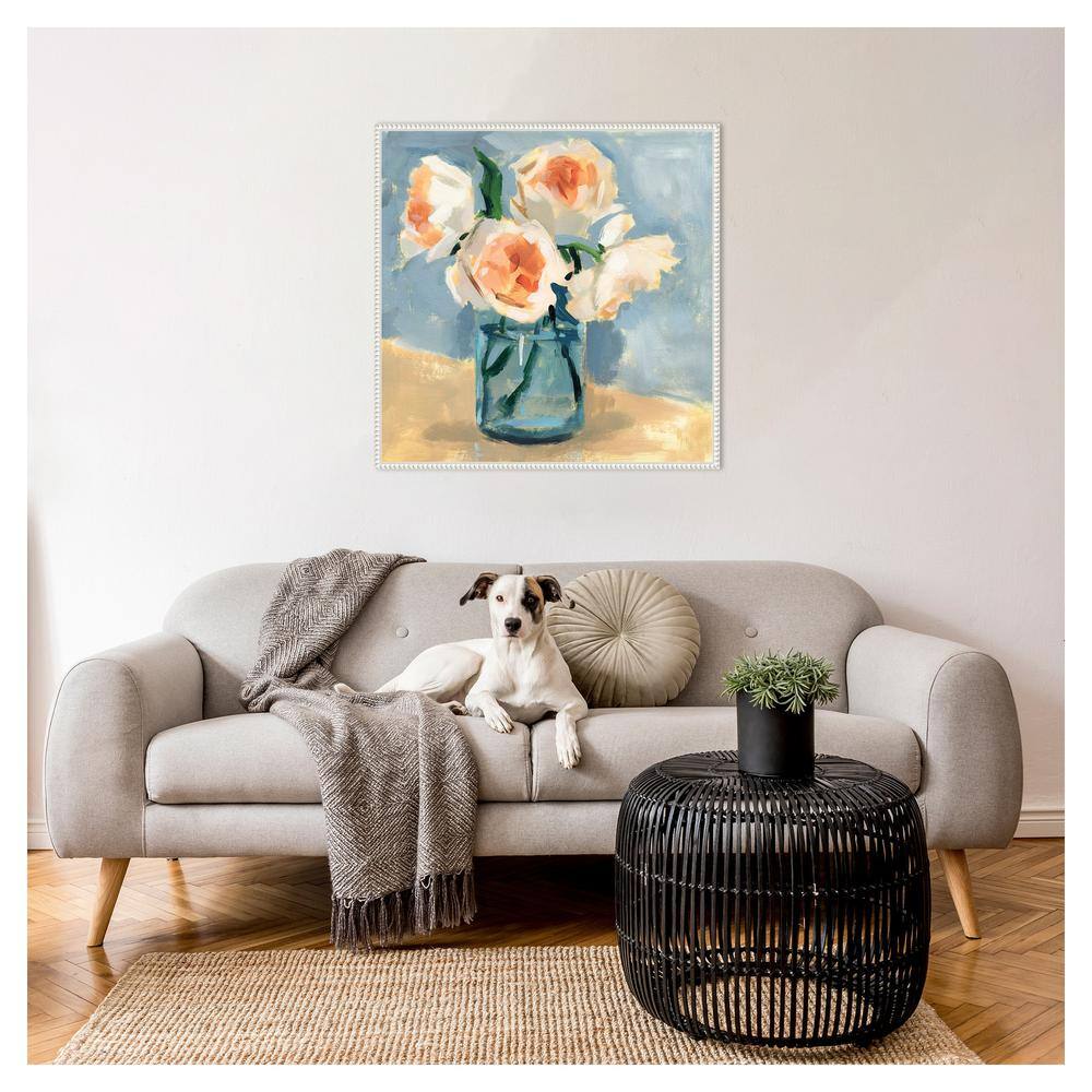 Peonies in Mason Jar II White Framed Canvas Wall Art