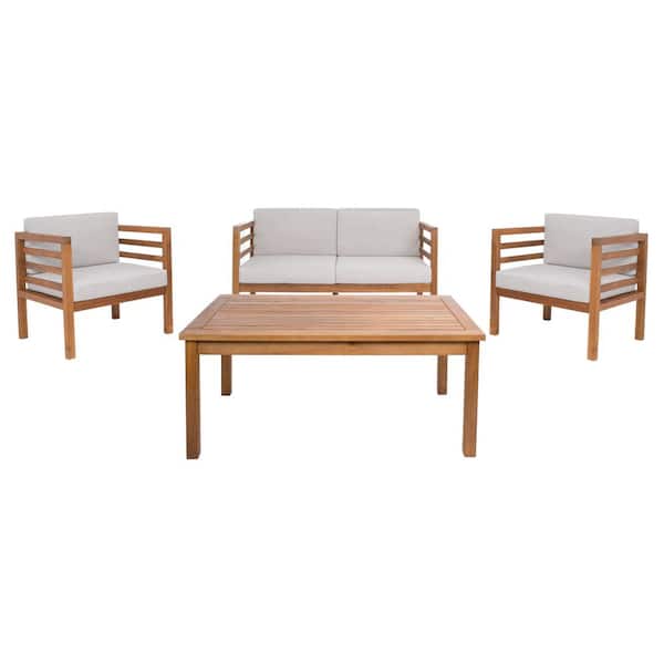Kinnell Natural 4-Piece Wood Patio Conversation Set with Light Gray Cushions