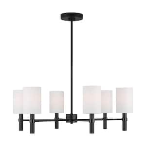 Manor 6-Light Midnight Black Large Chandelier with White Linen Fabric Shades and No Bulbs Included