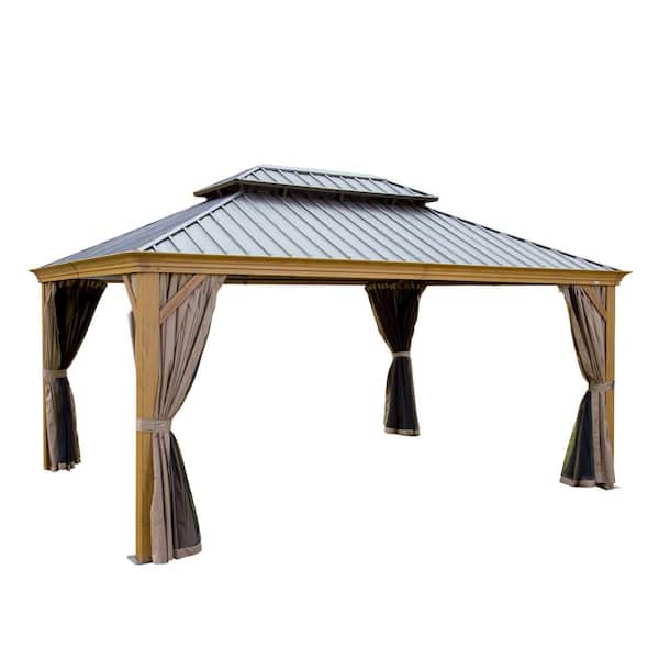 12 ft. x 16 ft. Wood Looking Aluminum Hardtop Gazebo Double Roof Netting Curtains