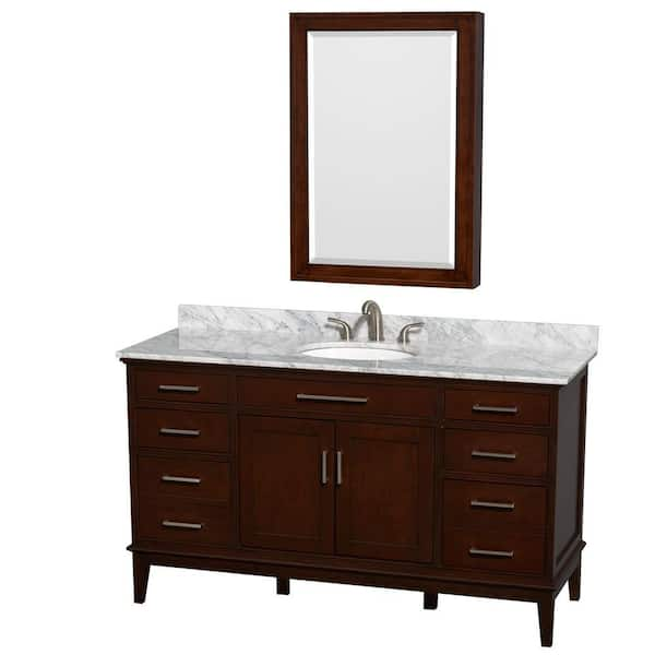 Wyndham Collection Hatton 60 in. Vanity in Dark Chestnut with Marble Vanity Top in Carrara White, Sink and Medicine Cabinet