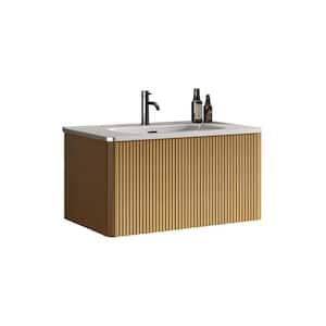 30 in. Single Sink Wall Mounted Natural Oak Bath Vanity with White Ceramic Top Unassembled