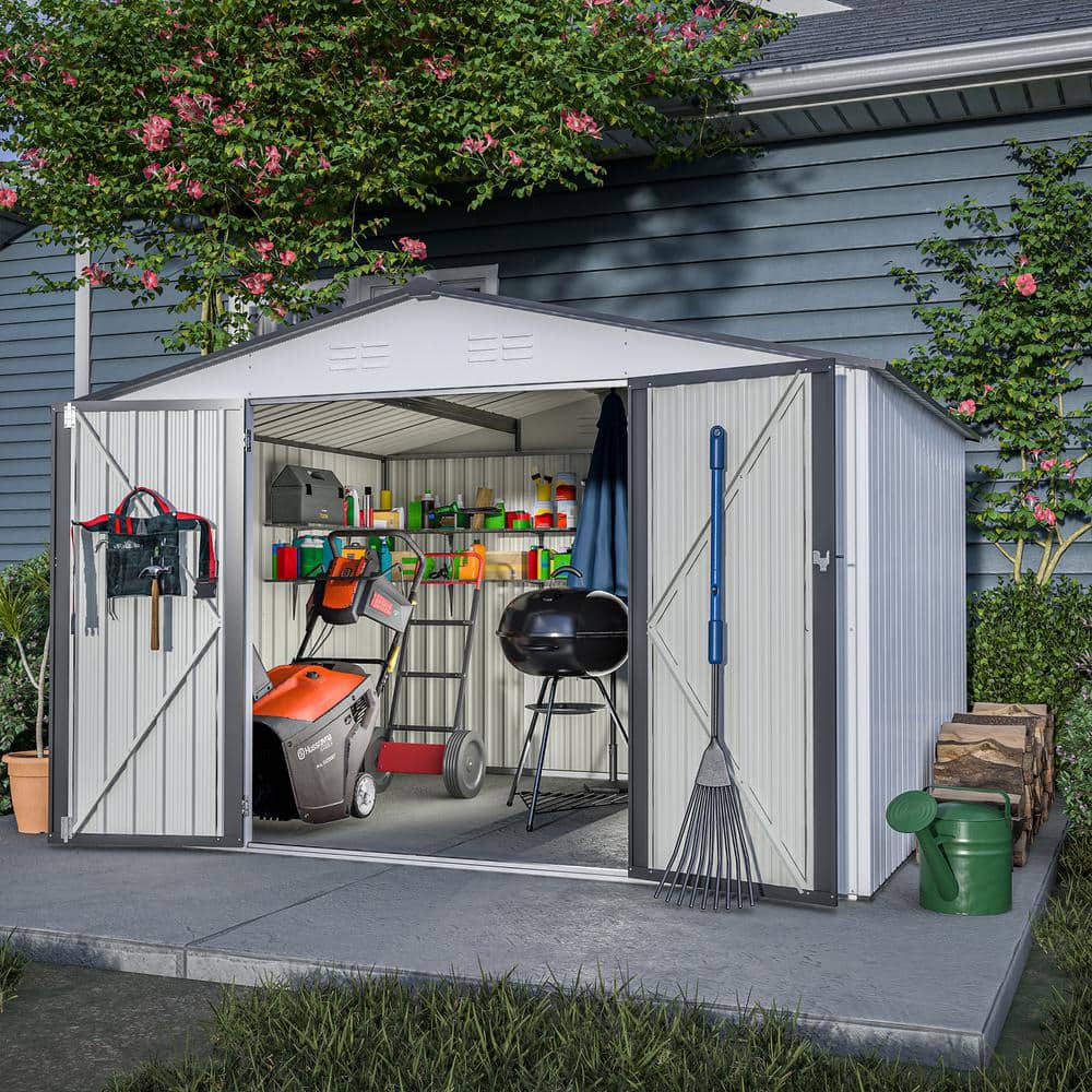 10 ft. W x 8 ft. D White Metal Outdoor Storage Shed All Weather with Lockab