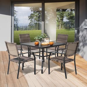 Black 5-Piece Iron and Wicker Square Outdoor Dining Set with 1.57 in. Umbrella Hole
