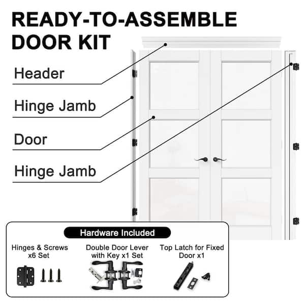 56 in. x 80 in. Universal 3-Lite Clear Glass White Solid Core Glass Double Prehung French Door + Quick Assemble Jamb