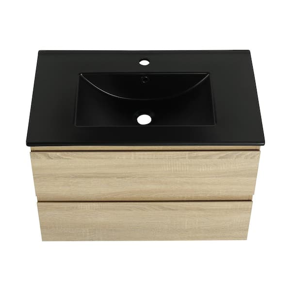 Boosicavelly 30.00 in. W x 18.30 in. D x 20.50 in. H Single Sink Wall Mounted Bath Vanity in Light Oak with Black Ceramic Top