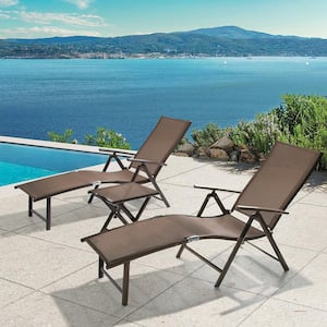 3-Piece Metal Outdoor Chaise Lounge in Brown with Side Table