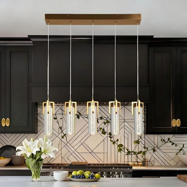 Modern 5-Light Imitation Brass Kitchen Island Pendant Light Integrated LED Light with Acrylic Cylinder Bubble Shade
