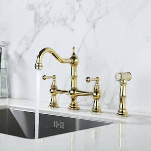 Double Handles Gooseneck Bridge Kitchen Faucet with Pull Out Spray Wand in Brushed Gold, 27 in. Flexible Hose