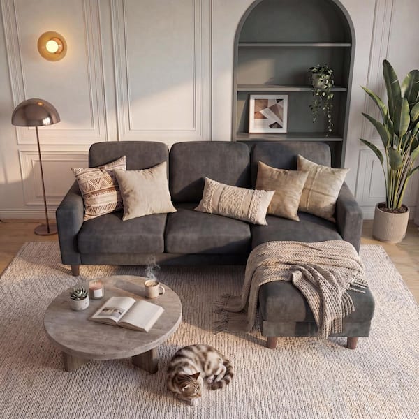 72 in. Square Arm Chenille Sectional Couches,L Shaped Sofa with Removable Ottoman,Small Couch for Living Room,Dark Gray