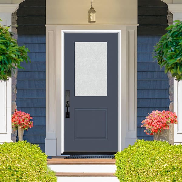 Legacy 36 in. x 80 in. Universal Handing 1/2 Lite Rain Glass Primed Dark Denim Finish Fiberglass Front Door Slab