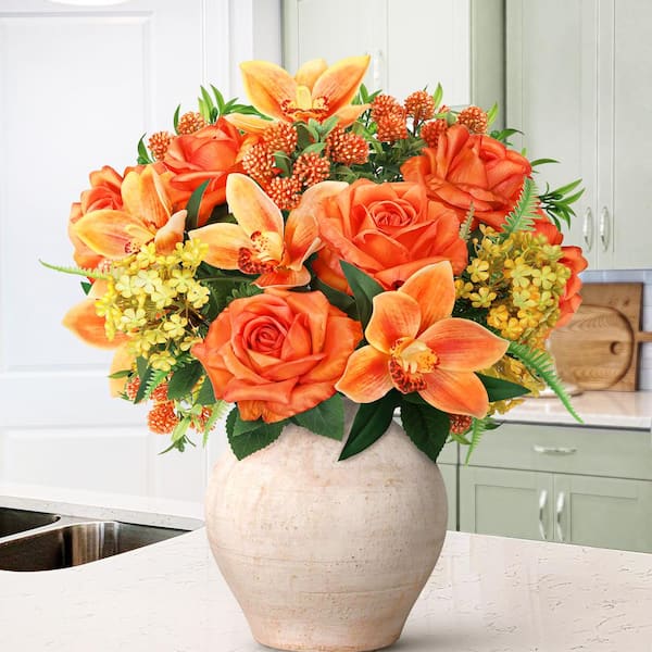19 in. Orange Artificial Mixed Rose Cymbidium Orchid Snowball Flower Stem Bush Bouquet (Set of 2)
