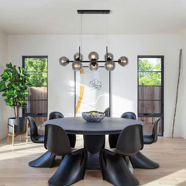 REVERSO 8-Light 39.37 in. W Black Chandelier with Smoked Glass Linear Chandelier for Living Room