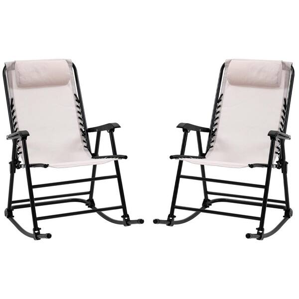 Huluwat Black Frame Metal Outdoor Rocking Chair Set of 2, with Cream White Headrests