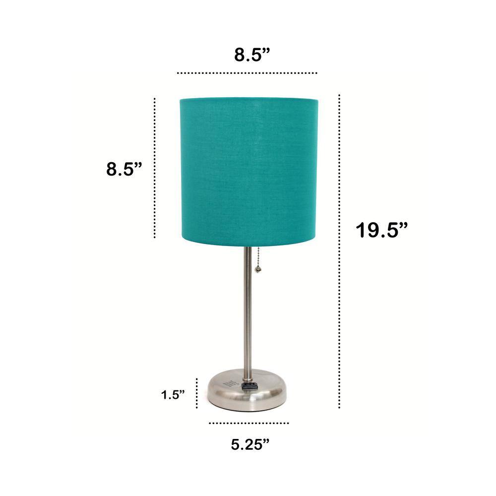 19.5" Brushed Steel and Teal Fabric Table Lamp with Power Outlet