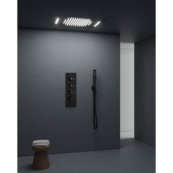 Thermostatic Valve 7-Spray 23x15 in. LED Mood Lighting Ceiling Mount Fixed and Handheld Shower Head in Matte Black