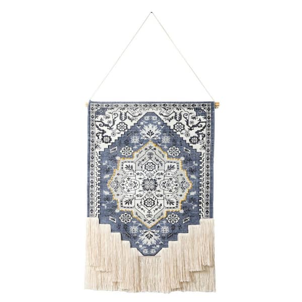 HomeRoots 49 in. x 25.5 in. Blue, White Floral Cotton Macrame Hanging Tapestry Wall Art 1-Piece