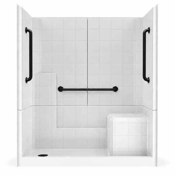 Liberty 60 in. x 33 in. x 77 in. 3-Piece Alcove Shower Kit with Shower Wall and Shower Pan, 3 Black Grab Bars Right Seat