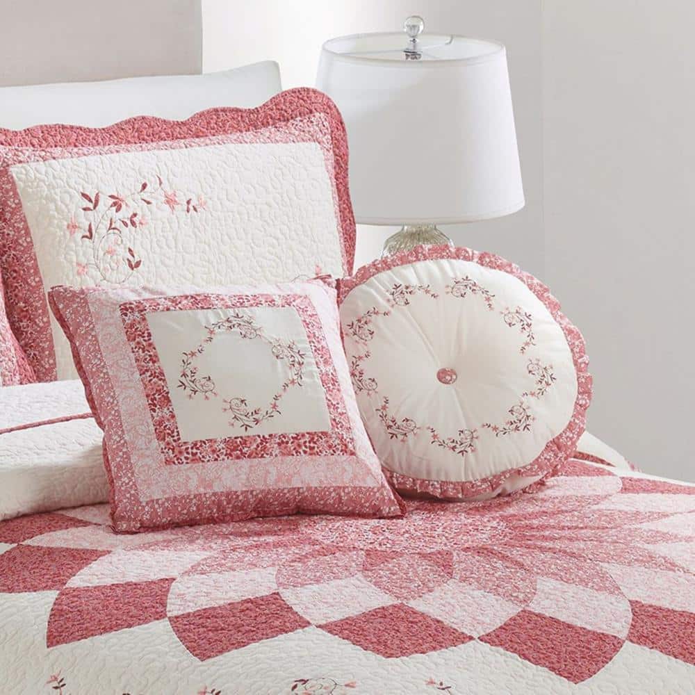 Caroline Round Embroidered White and Red Decorative Pillow