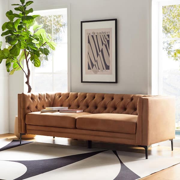 Eridu Contemporary 84 in. Square Arm Faux Leather Button-Tufted design Tuxedo Rectangle Sofa in Camel
