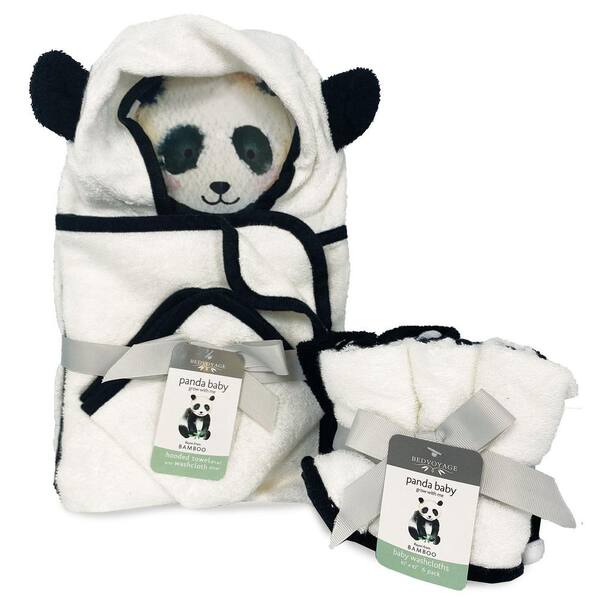 BEDVOYAGE Panda Baby Viscose from Bamboo Bath Essentials, 8pc Baby Gift Set, Unisex - White-Black (1 Hooded Towel, 7 Washcloths)