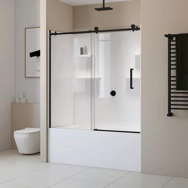 Beladone 82 in. x 32 in. Left Skirted Soaking Bathtub Kit with Center Drain in White with Matte Black Accents