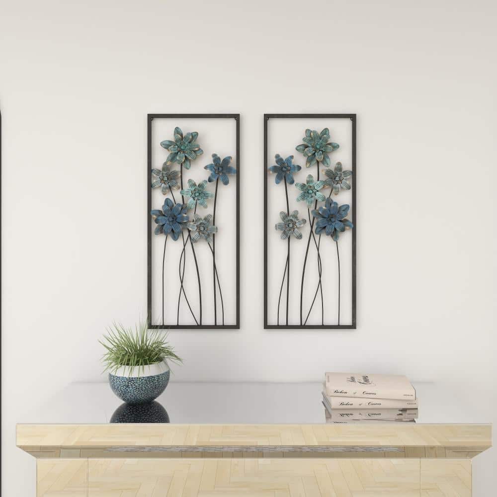 Elegant Gray and Blue Floral Metal Wall Sculptures (Set of 2)