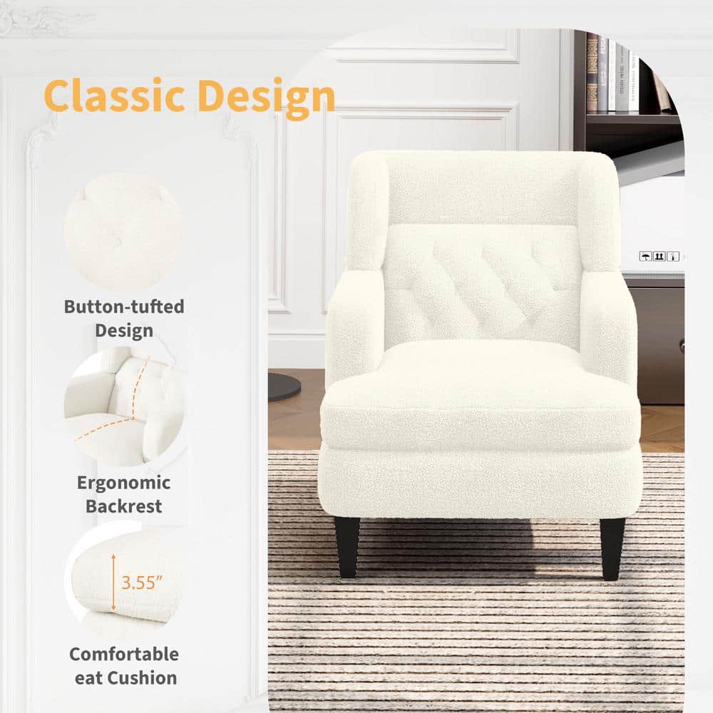 Modern White Teddy Fabric Upholstered Accent Chair with Wood Legs