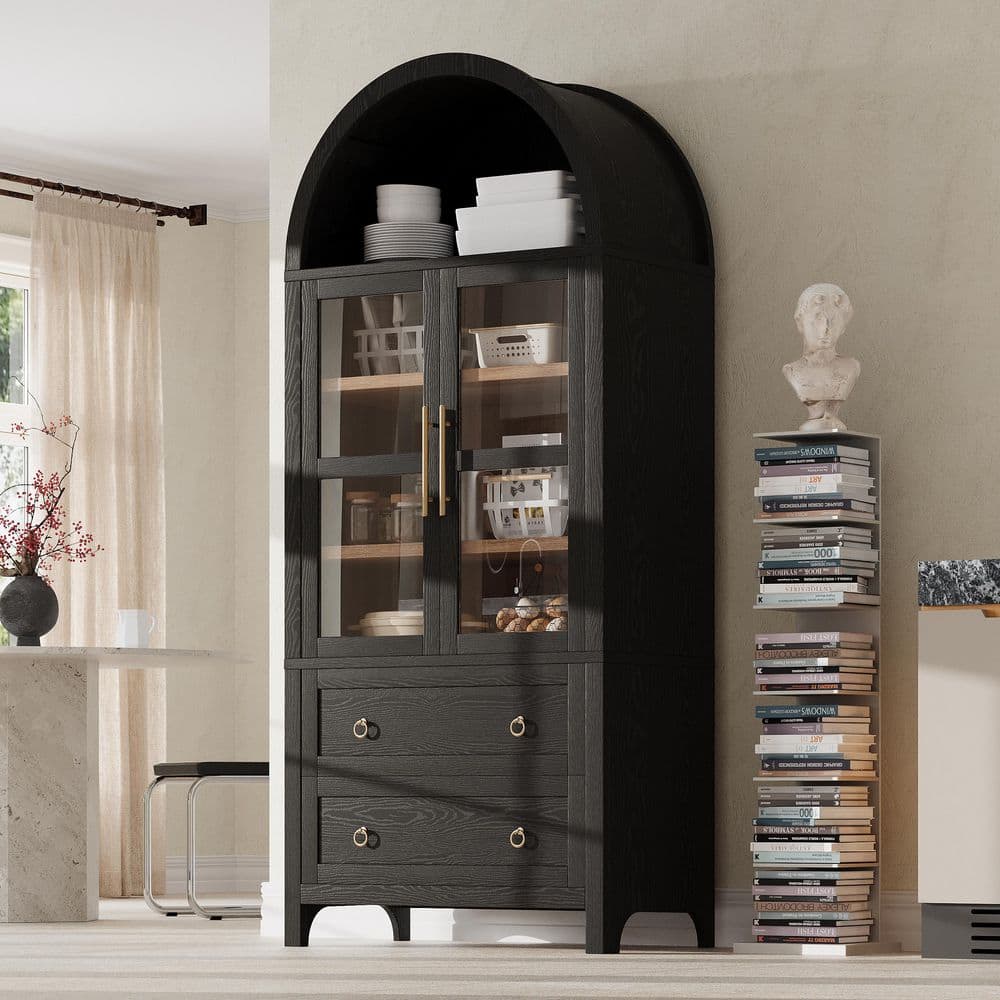 30 in. W x 16 in. D x 71 in. H Black Wood Arched Versatile Linen Cabinet with Adjustable Shelves and 2-Large Drawers