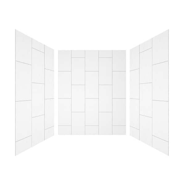 60 in. W x 75 in. H Three piece Glue Up Solid Surface Alcove Shower Wall Surround in White Big Tiles